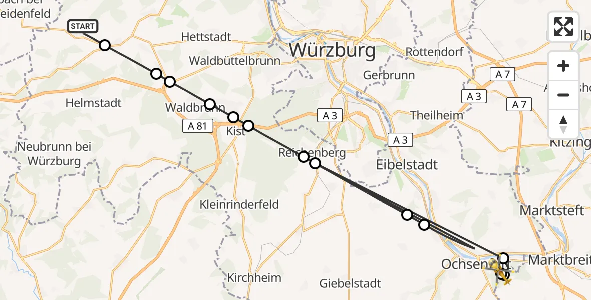 Flugroute Rettungshubschrauber Remlingen - Ochsenfurt Hospital, 16 August 2026, 14:54