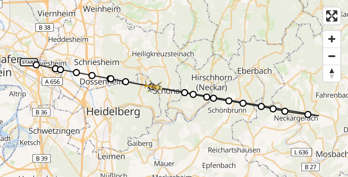 Flugroute Rettungshubschrauber Mannheim-City Flughafen - Schönau, 16 August 2026, 14:57