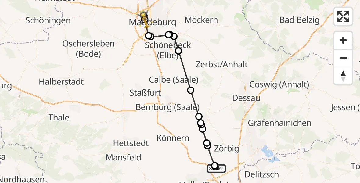 Flugroute Rettungshubschrauber Halle-Oppin Flugplatz - Magdeburg, 16 August 2026, 14:58