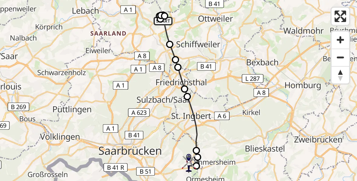 Flugroute Polizeihubschrauber Illingen - Flughafen Saarbrücken, 16 August 2026, 15:14