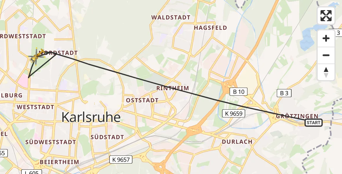 Flugroute Ambulanzhubschrauber Karlsruhe - Karlsruhe, 16 August 2026, 15:16