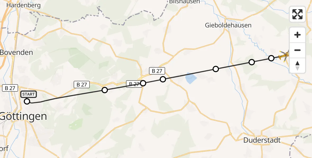 Flugroute Rettungshubschrauber Göttingen University Clinic Hubschrauberlandeplatz - Rhumspringe, 16 August 2026, 15:18