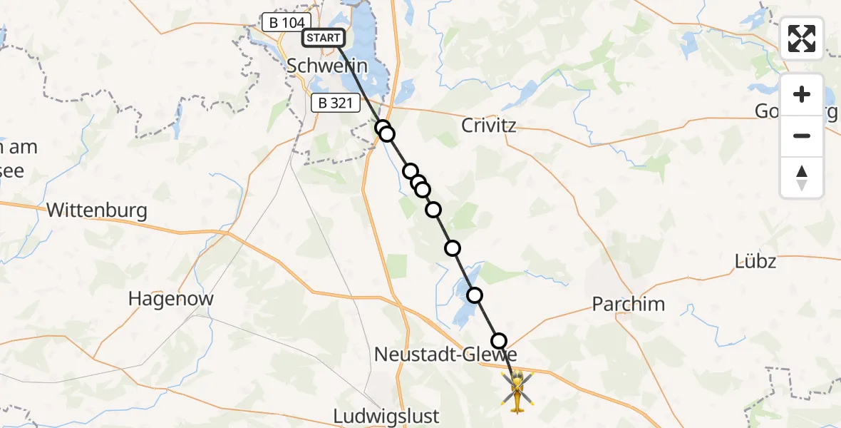 Flugroute Rettungshubschrauber Schwerin - Blievenstorf, 16 August 2026, 15:20