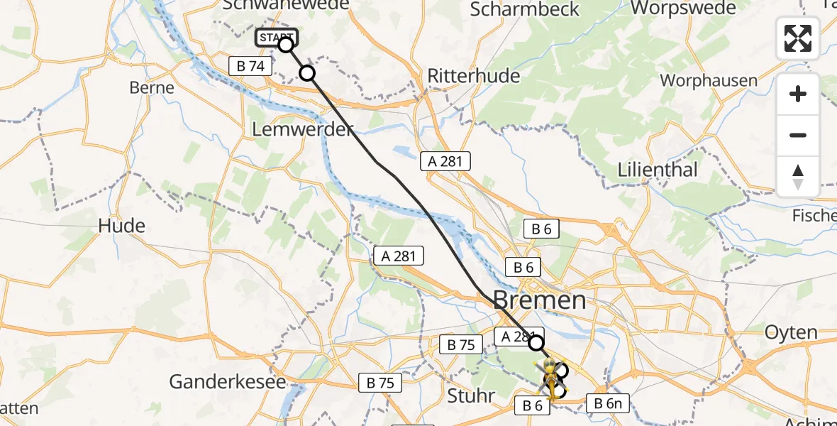 Flugroute Rettungshubschrauber Bremen - ADAC Air Rescue Station Bremen Hubschrauberlandeplatz (Christoph 6), 16 August 2026, 15:25