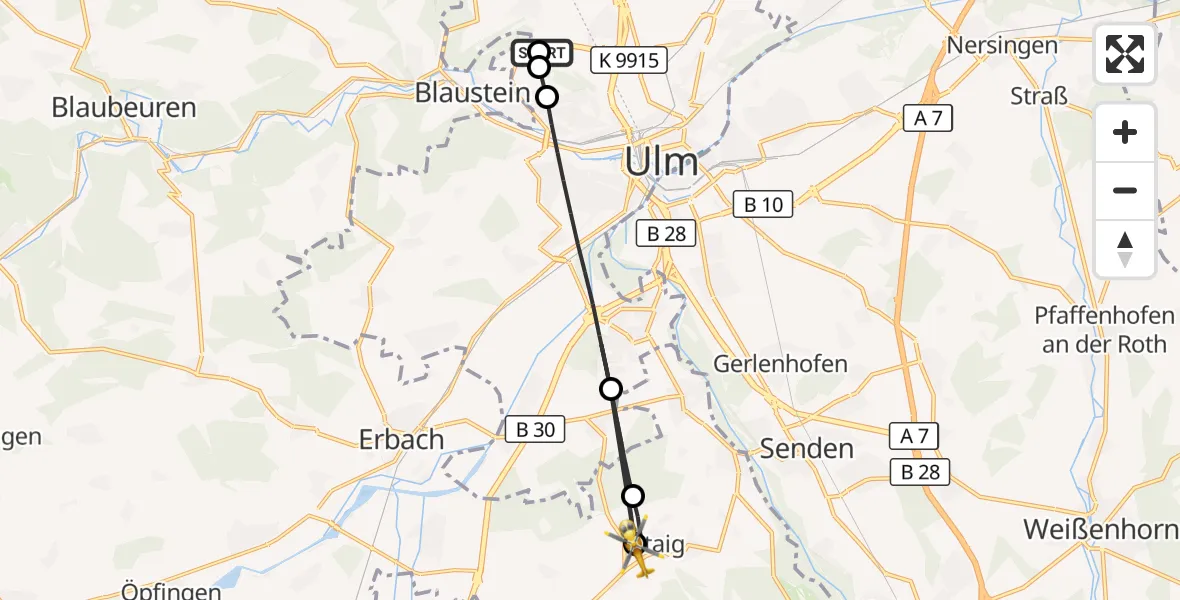 Flugroute Rettungshubschrauber Ulm Military Hospital Emergency - Staig, 16 August 2026, 15:26