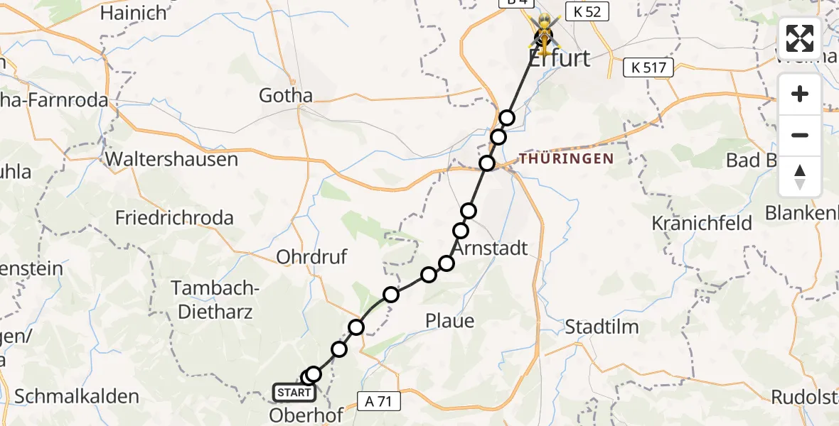 Flugroute Rettungshubschrauber Oberhof - Helios Clinic Erfurt, 16 August 2026, 15:29