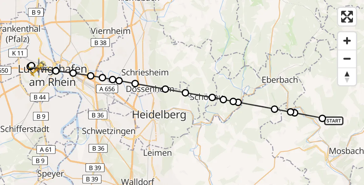 Flugroute Rettungshubschrauber Mosbach - Ludwigshafen am Rhein, 16 August 2026, 15:32
