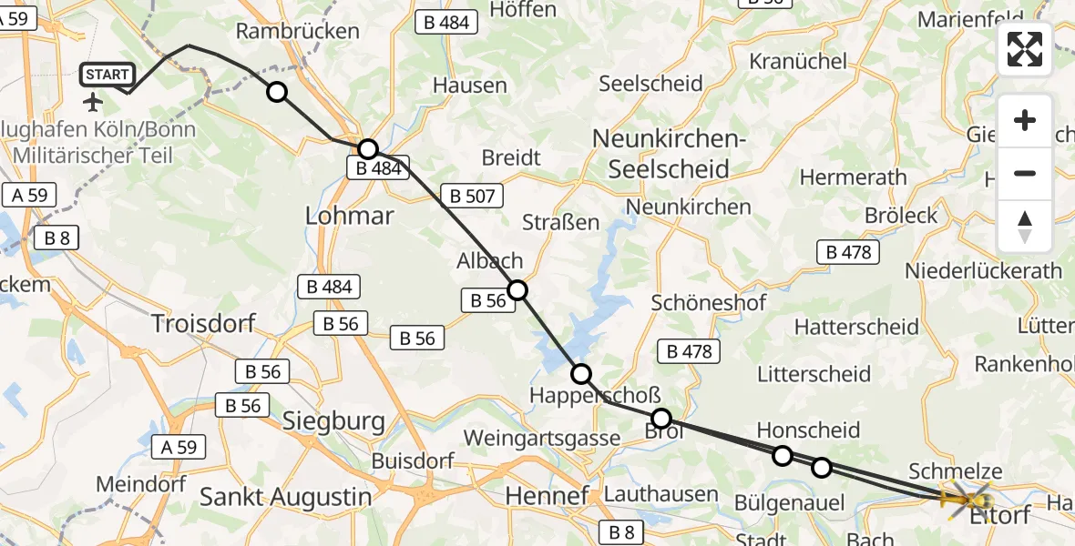 Flugroute Ambulanzhubschrauber Köln Bonn Flughafen - Eitorf, 16 August 2026, 15:33