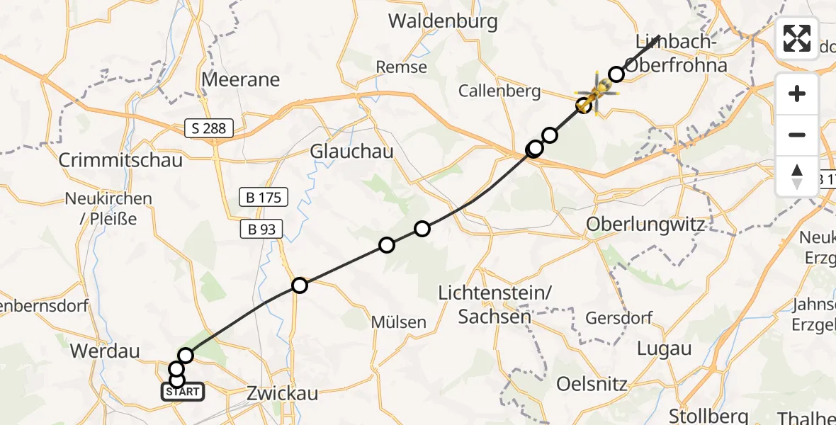 Flugroute Rettungshubschrauber ADAC Air Rescue Station Zwickau Hubschrauberlandeplatz - Callenberg, 16 August 2026, 15:33