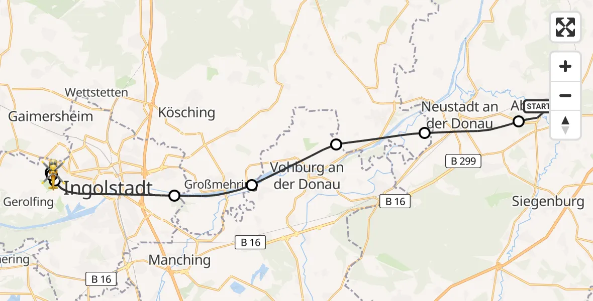 Flugroute Rettungshubschrauber Abensberg - Ingolstadt Hospital, 16 August 2026, 15:37