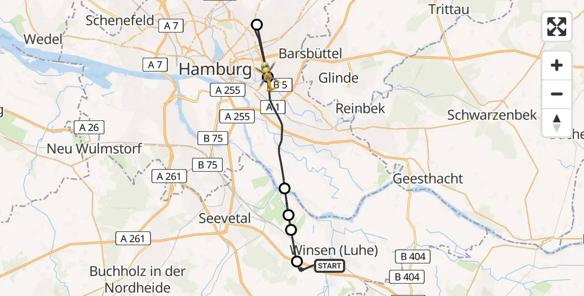 Flugroute Rettungshubschrauber Winsen (Luhe) - Hamburg, 16 August 2026, 15:43