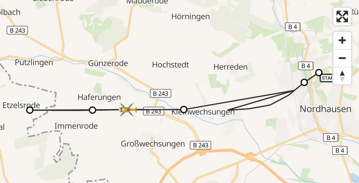 Flugroute Rettungshubschrauber Südharz Hospital Nordhausen - Werther, 16 August 2026, 15:44