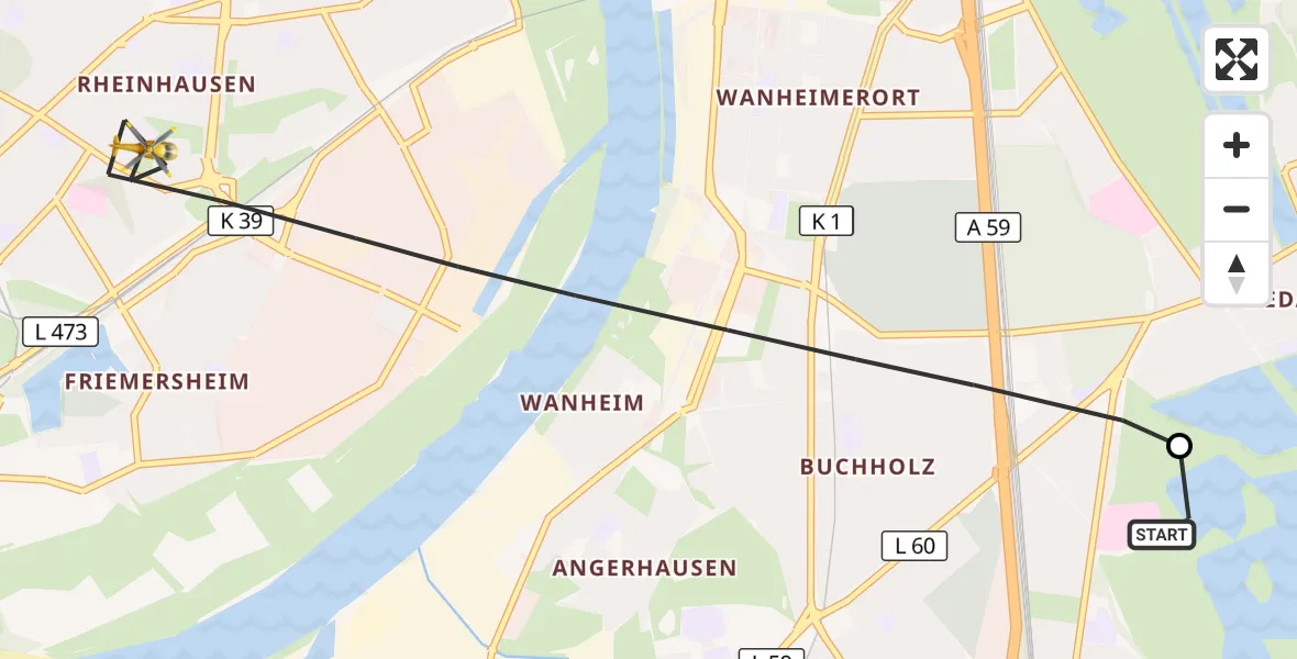 Flugroute Rettungshubschrauber Duisburg Air Rescue Hubschrauberlandeplatz (Christoph 9) - Duisburg, 16 August 2026, 15:49