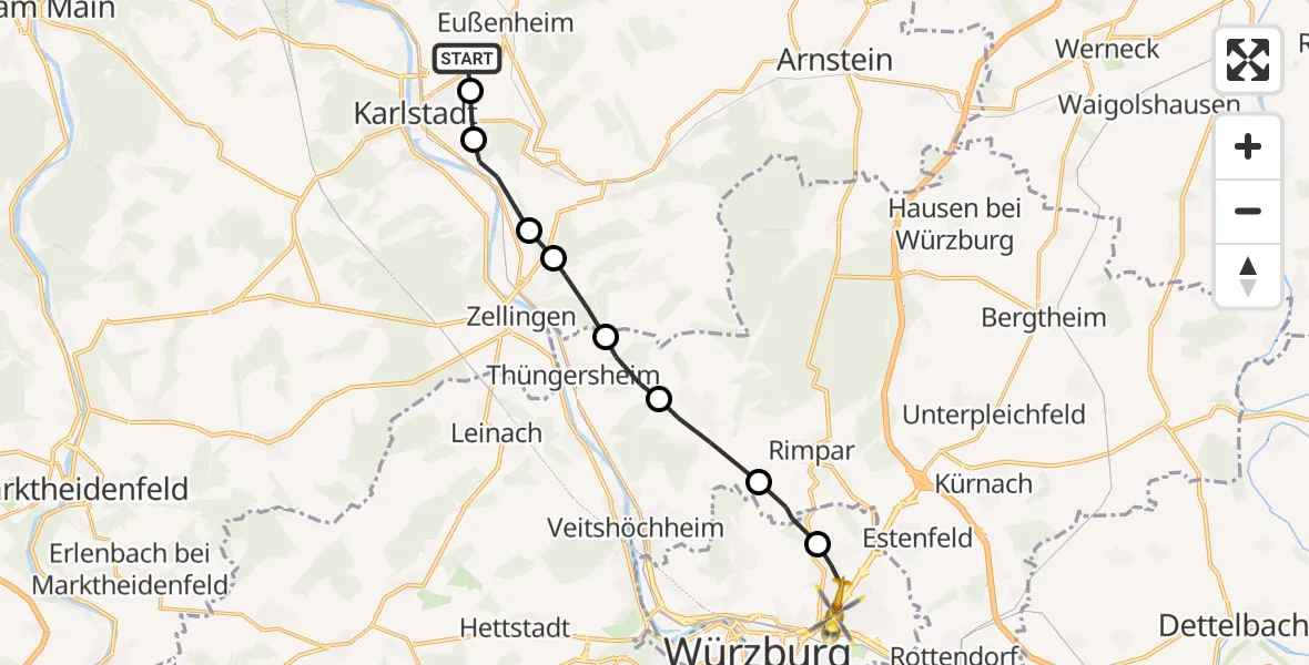Flugroute Rettungshubschrauber Eußenheim - Würzburg, 16 August 2026, 16:03