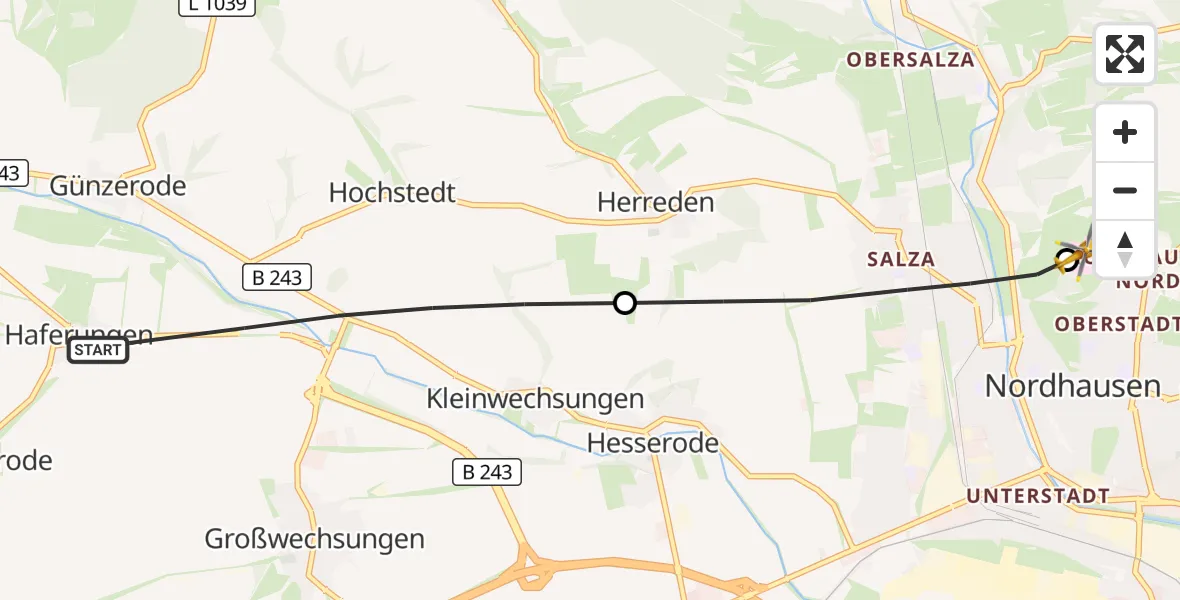Flugroute Rettungshubschrauber Werther - Südharz Hospital Nordhausen, 16 August 2026, 16:12