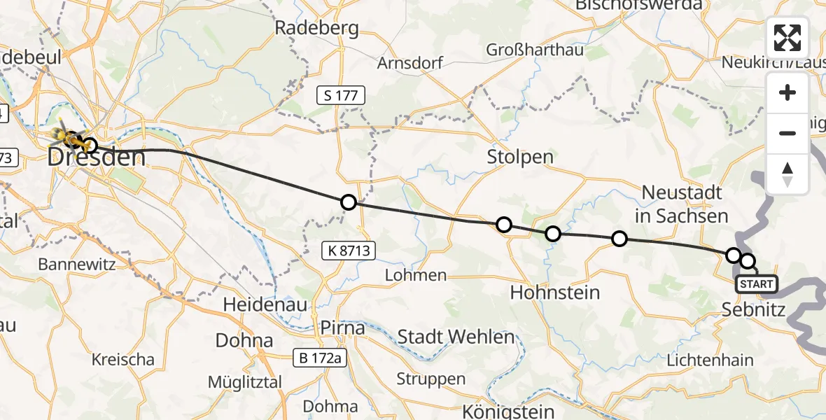 Flugroute Rettungshubschrauber Dolní Poustevna - Dresden Friedrichstadt Hospital, 16 August 2026, 16:12