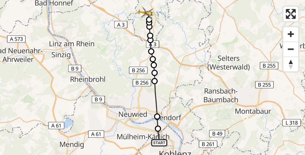 Flugroute Rettungshubschrauber Koblenz - Oberlahr, 16 August 2026, 16:15
