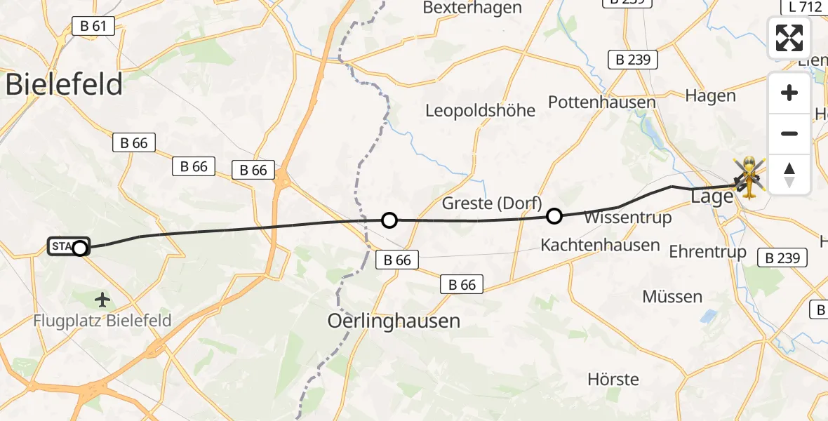Flugroute Rettungshubschrauber Luftrettungszentrum Bielefeld - Lage, 16 August 2026, 16:15