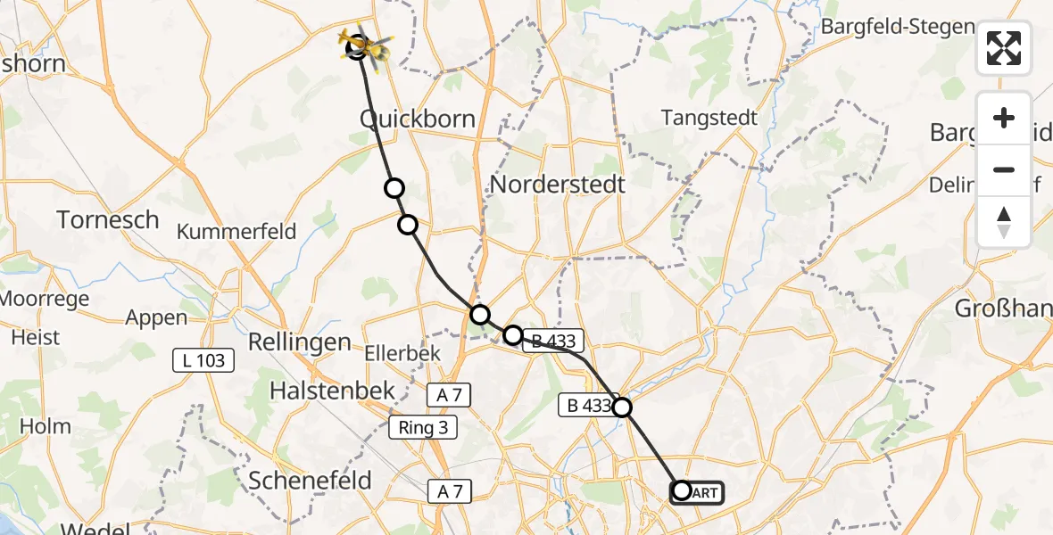 Flugroute Rettungshubschrauber Hamburg Military Hospital - Quickborn, 16 August 2026, 16:17