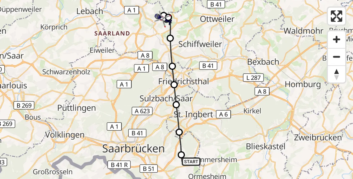 Flugroute Polizeihubschrauber Flughafen Saarbrücken - Illingen, 16 August 2026, 16:25