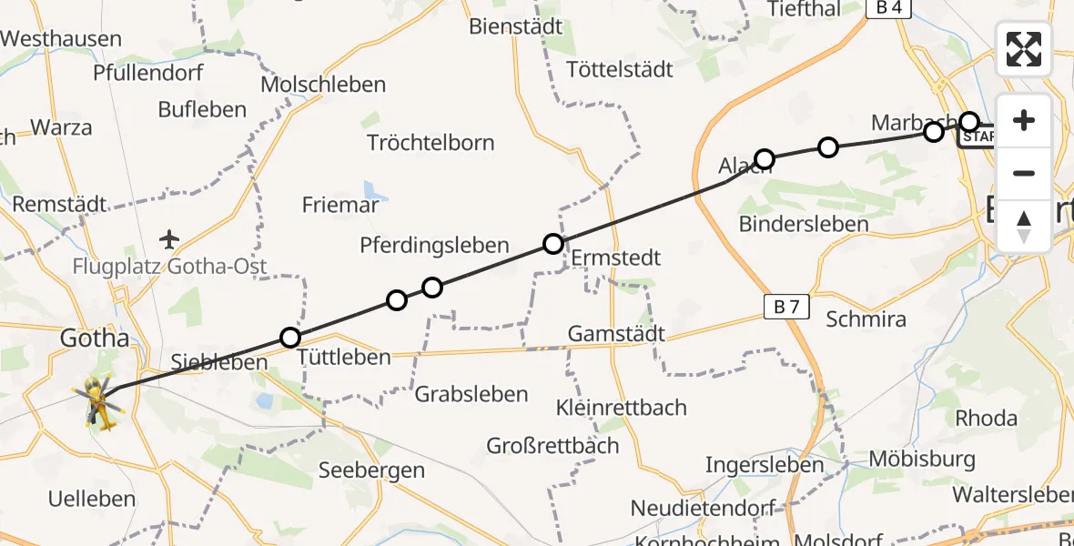 Flugroute Rettungshubschrauber Helios Clinic Erfurt - Gotha, 16 August 2026, 16:25