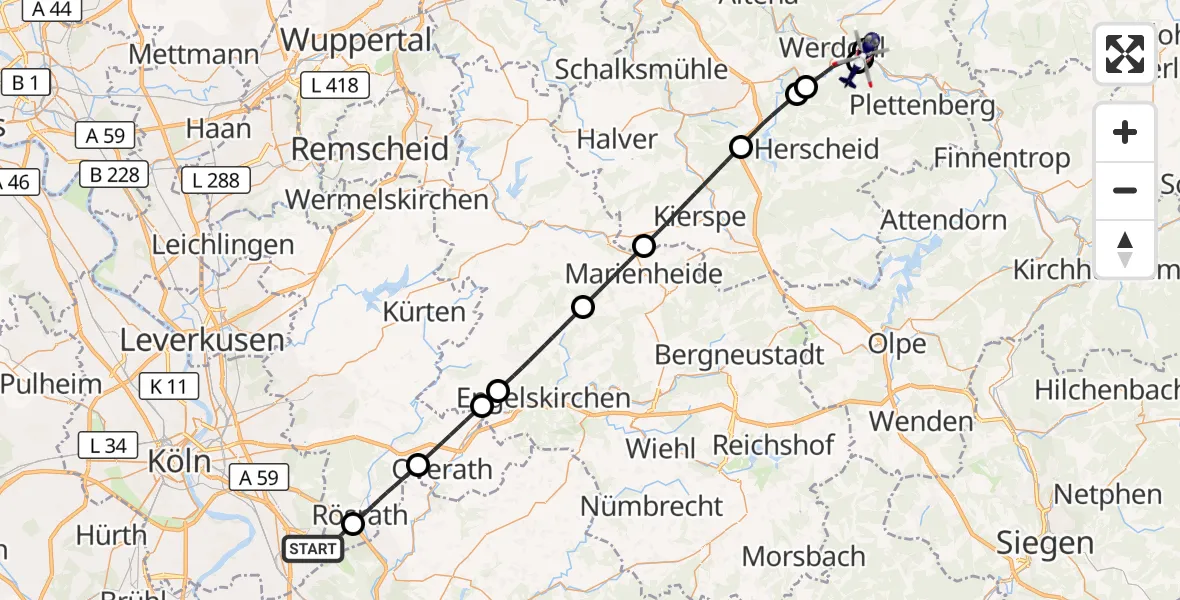 Flugroute Polizeihubschrauber Köln Bonn Flughafen - Plettenberg, 16 August 2026, 16:27