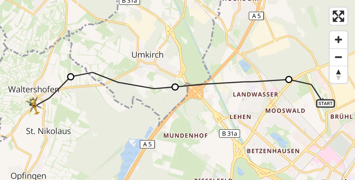 Flugroute Ambulanzhubschrauber Freiburg im Breisgau Flugplatz - Freiburg im Breisgau, 16 August 2026, 16:39
