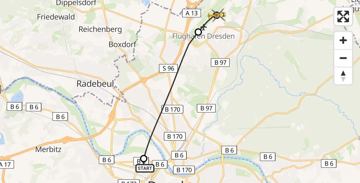Flugroute Rettungshubschrauber Dresden Friedrichstadt Hospital - Dresden Bundespolizei Hubschrauberlandeplatz, 16 August 2026, 16:45