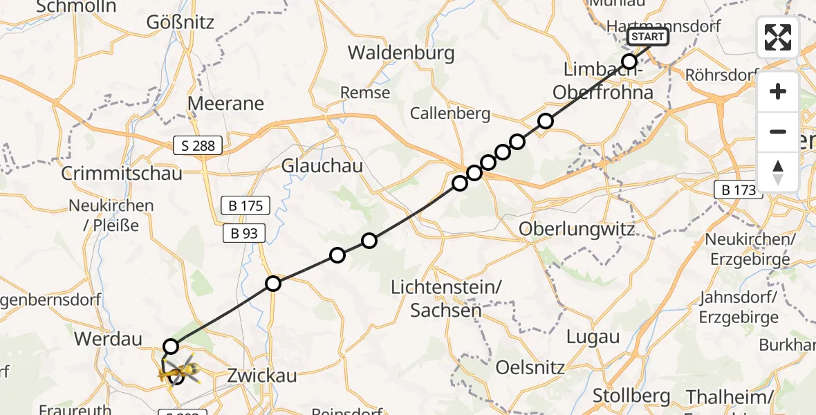 Flugroute Rettungshubschrauber Hartmannsdorf - ADAC Air Rescue Station Zwickau Hubschrauberlandeplatz, 16 August 2026, 16:45
