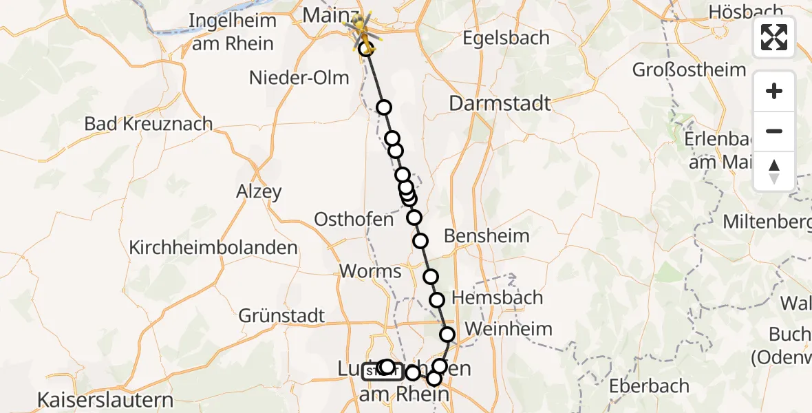 Flugroute Rettungshubschrauber Ludwigshafen Accident Hospital - Ginsheim-Gustavsburg, 16 August 2026, 16:48