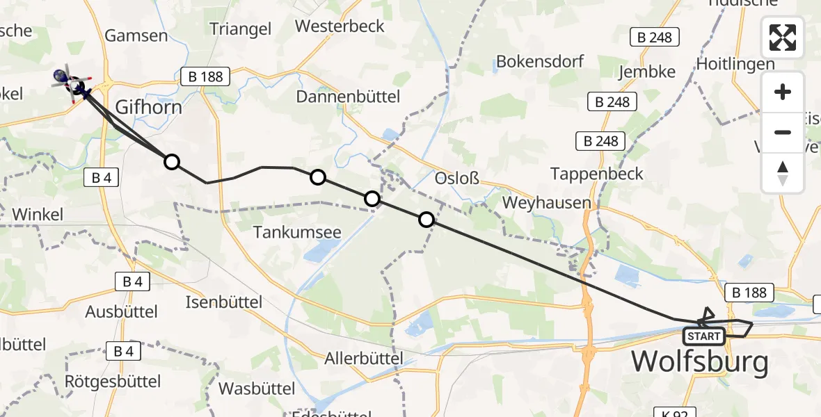Flugroute Polizeihubschrauber Wolfsburg - Gifhorn Bundespolizei Hubschrauberlandeplatz, 16 August 2026, 16:50