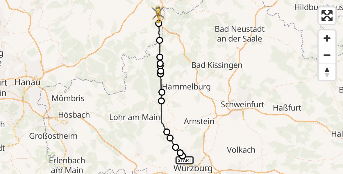 Flugroute Rettungshubschrauber Veitshöchheim - Kalbach, 16 August 2026, 16:51
