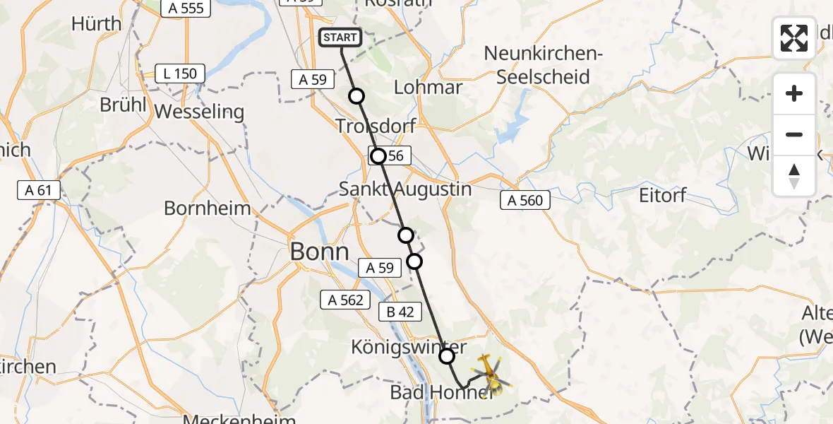 Flugroute Rettungshubschrauber Köln Bonn Flughafen - Bad Honnef, 16 August 2026, 16:53