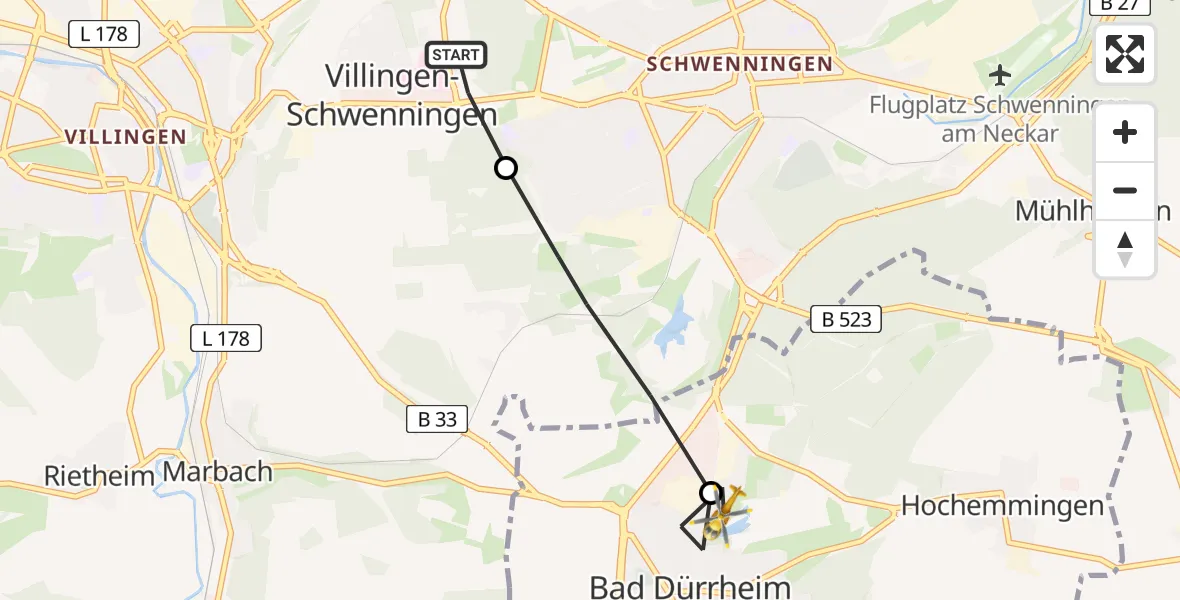 Flugroute Ambulanzhubschrauber DRF Air Rescue Station Villingen-Schwenningen Hubschrauberlandeplatz (Christoph 11) - Bad Dürrheim, 16 August 2026, 16:54