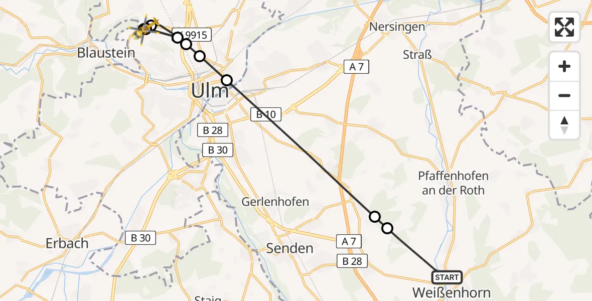 Flugroute Rettungshubschrauber Weißenhorn - Ulm Military Hospital Emergency, 16 August 2026, 16:55