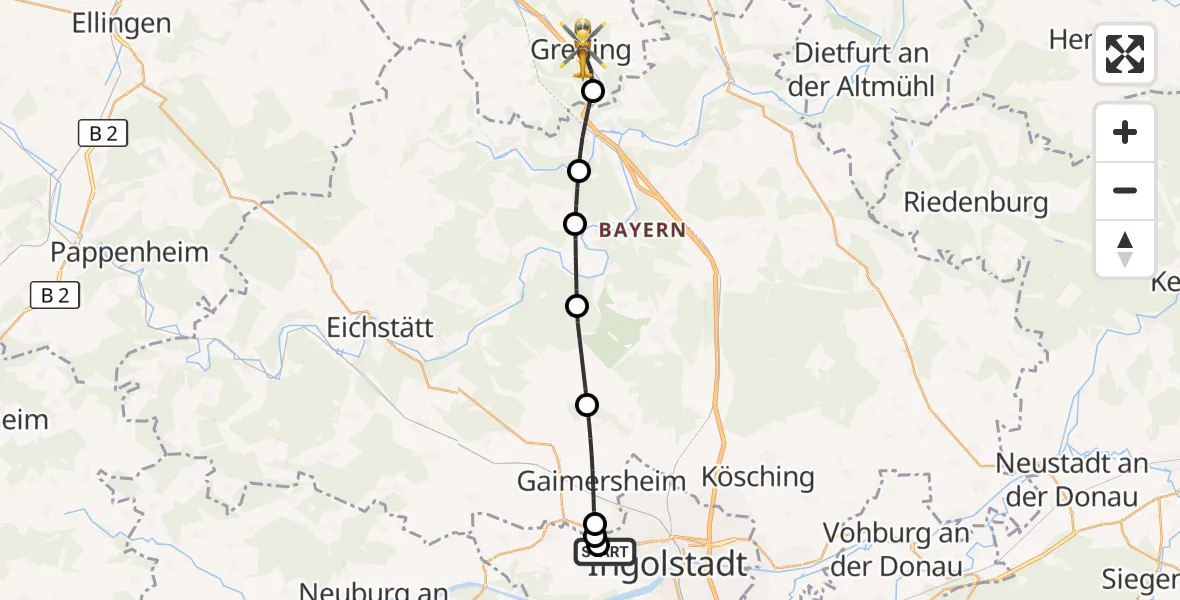 Flugroute Rettungshubschrauber Ingolstadt Hospital - Greding, 16 August 2026, 16:59