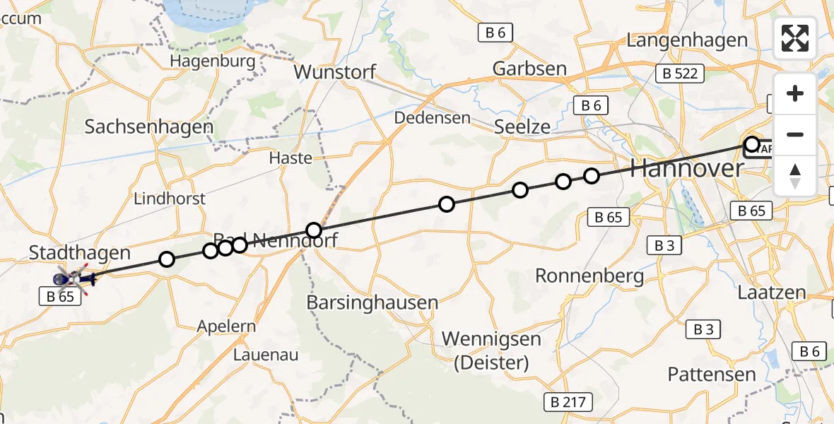 Flugroute Polizeihubschrauber Hannover Luftrettung Hubschrauberlandeplatz (Christoph 4) - Stadthagen, 16 August 2026, 17:00