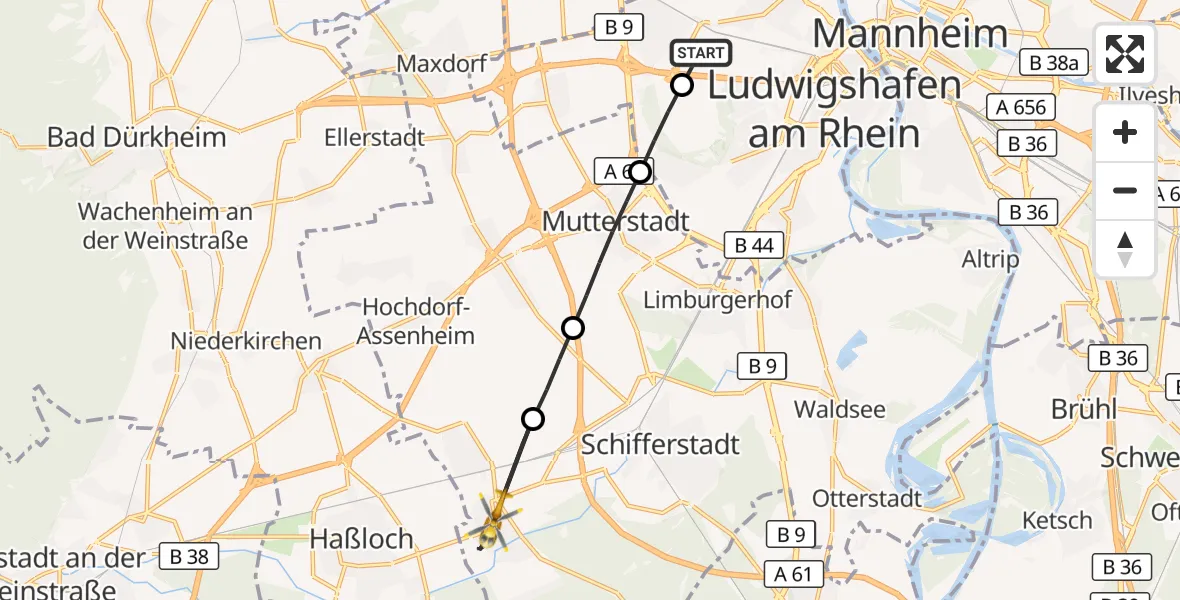 Flugroute Rettungshubschrauber Ludwigshafen Accident Hospital - Böhl-Iggelheim, 16 August 2026, 17:01