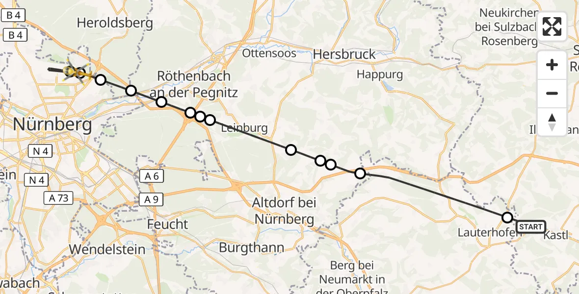 Flugroute Ambulanzhubschrauber Kastl - Flughafen Nuremberg, 16 August 2026, 17:01