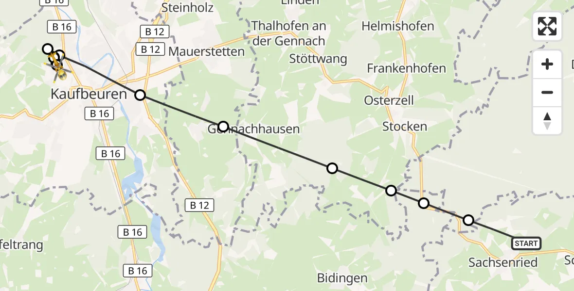 Flugroute Rettungshubschrauber Schwabsoien - Ostallgäu-Kaufbeuren Hospital, 16 August 2026, 17:05