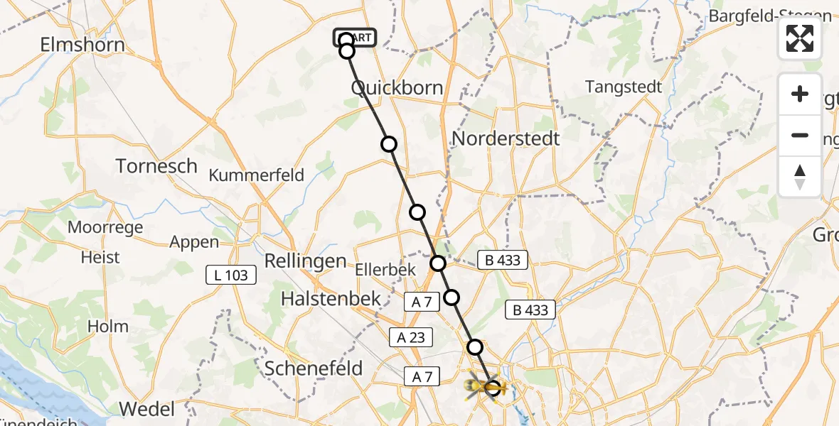 Flugroute Rettungshubschrauber Quickborn - Universitätsklinikum Hamburg-Eppendorf Hubschrauberlandeplatz, 16 August 2026, 17:07