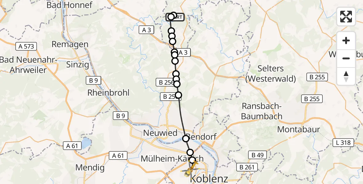 Flugroute Rettungshubschrauber Oberlahr - Koblenz, 16 August 2026, 17:08