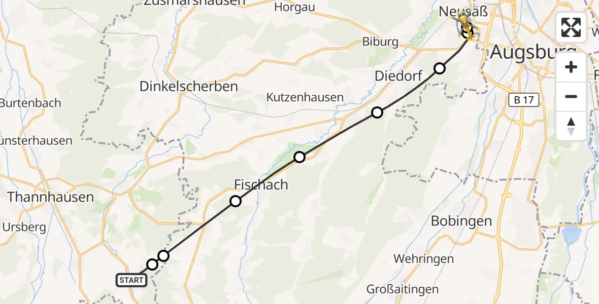 Flugroute Rettungshubschrauber Aichen - Augsburg University Hospital, 16 August 2026, 17:12