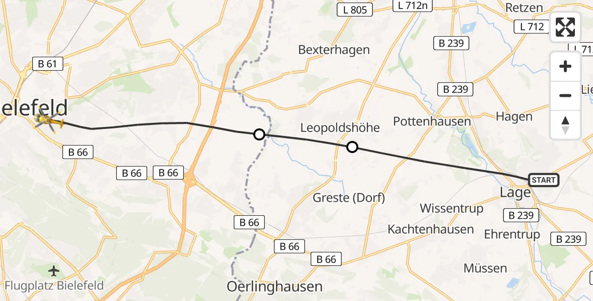 Flugroute Rettungshubschrauber Lage - Bielefeld, 16 August 2026, 17:14