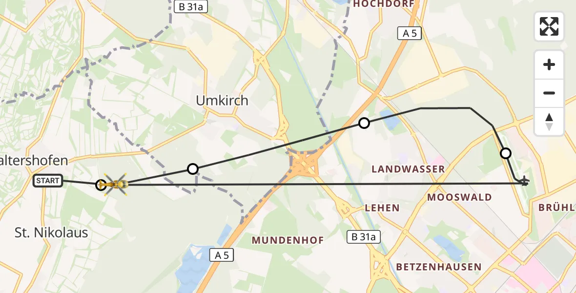 Flugroute Ambulanzhubschrauber Freiburg im Breisgau - Freiburg im Breisgau, 16 August 2026, 17:16