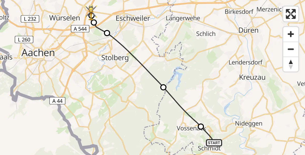 Flugroute Rettungshubschrauber Nideggen - Aachen-Merzbrück Flughafen, 16 August 2026, 17:17