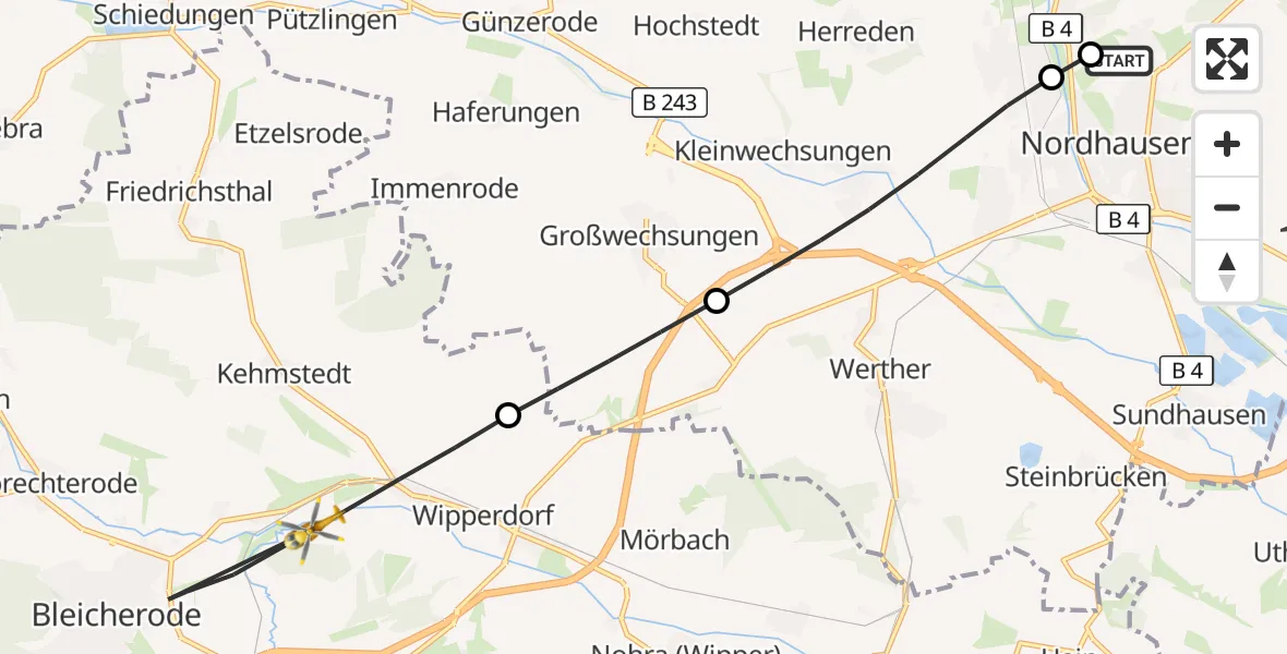 Flugroute Rettungshubschrauber Südharz Hospital Nordhausen - Bleicherode, 16 August 2026, 17:18