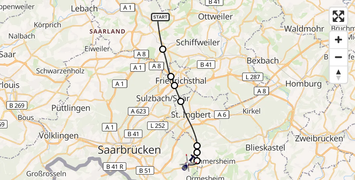 Flugroute Polizeihubschrauber Illingen - Flughafen Saarbrücken, 16 August 2026, 17:19