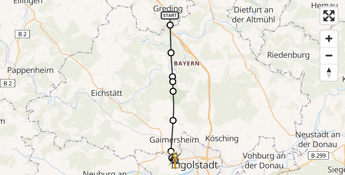 Flugroute Rettungshubschrauber Greding - Ingolstadt Hospital, 16 August 2026, 17:25