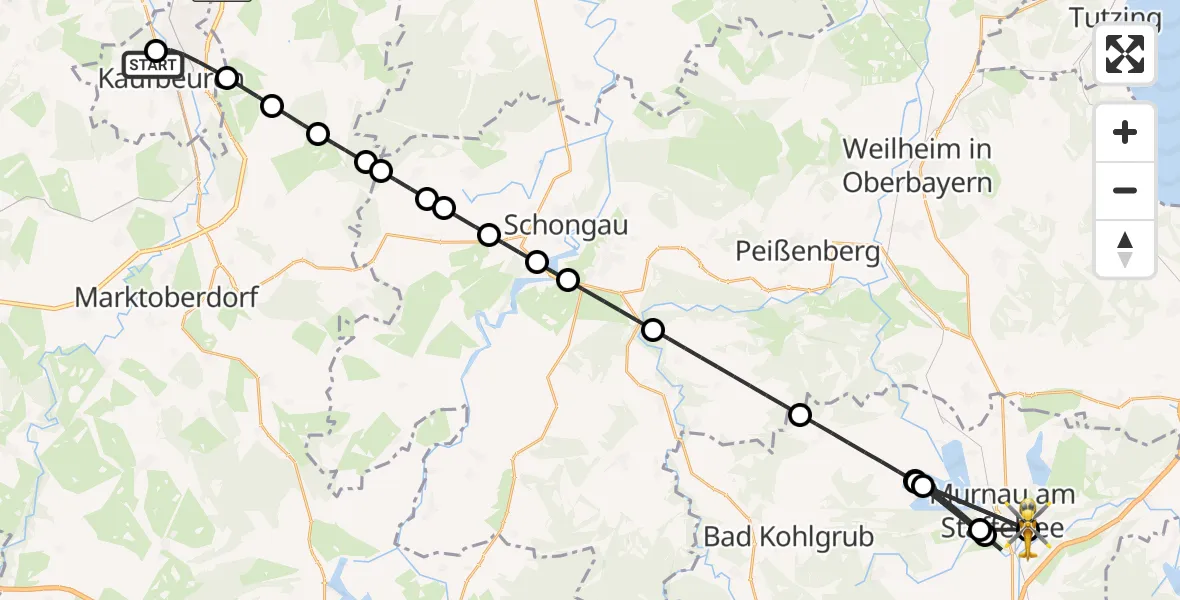 Flugroute Rettungshubschrauber Ostallgäu-Kaufbeuren Hospital - Murnau Accident Hospital Hubschrauberlandeplatz, 16 August 2026, 17:27